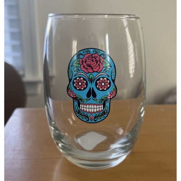 Dia De Los Muertos 15oz Stemless Wine Glass Sugar Skull Turquoise Rose Flowers - Picture 1 of 6